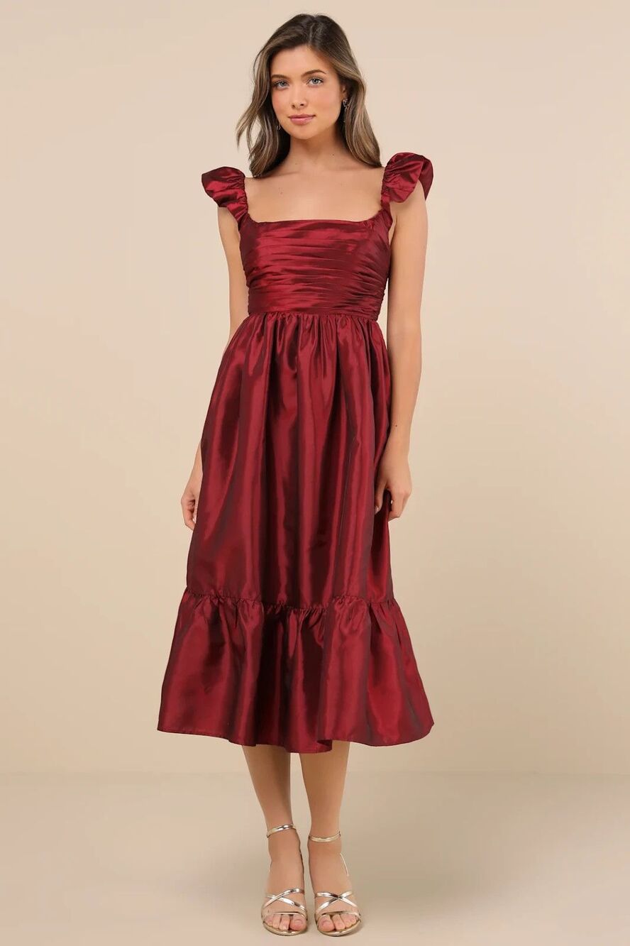 Lulus Midi Dress Womens XL Red Taffeta Pleated Ruffled Poised Passion Event